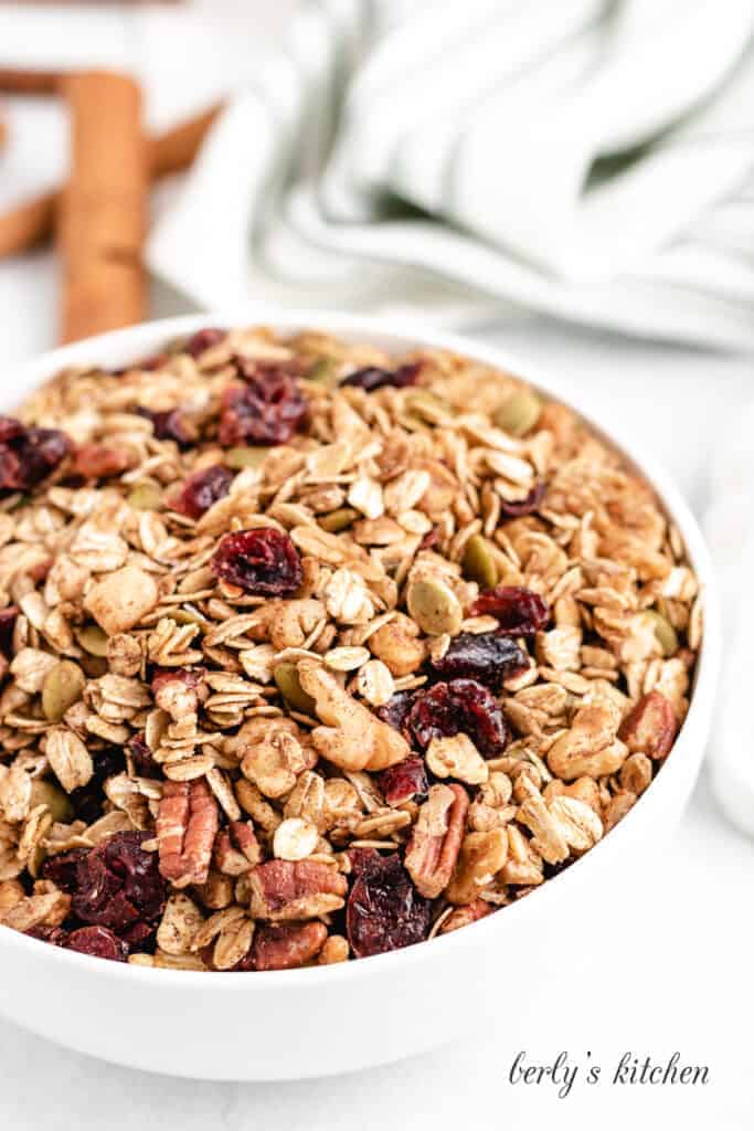 A close-up view of the toasted snack in a bowl.