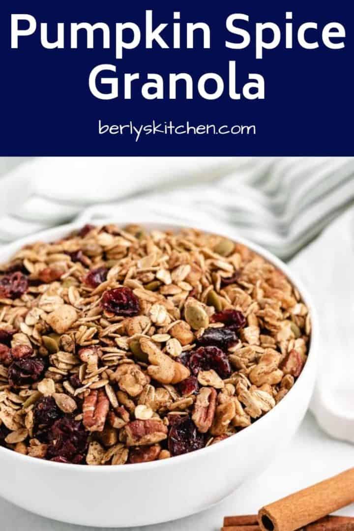 The pumpkin spiced granola in large bowl.