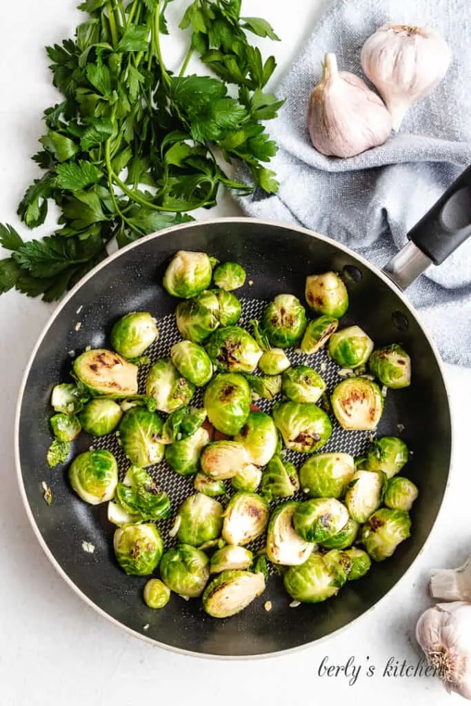 A top-down view of the sauteed Brussels sprouts.