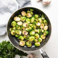 An aerial view of the brussels sprouts in the pan.