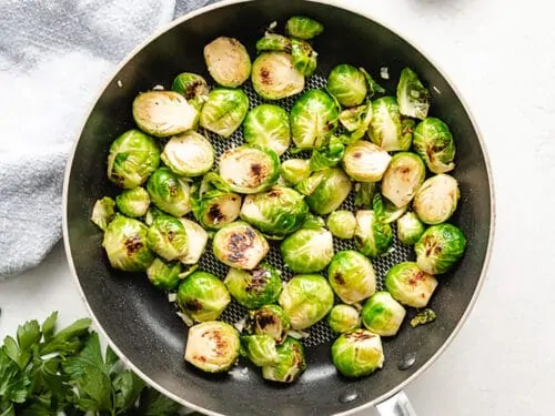 An aerial view of the brussels sprouts in the pan.