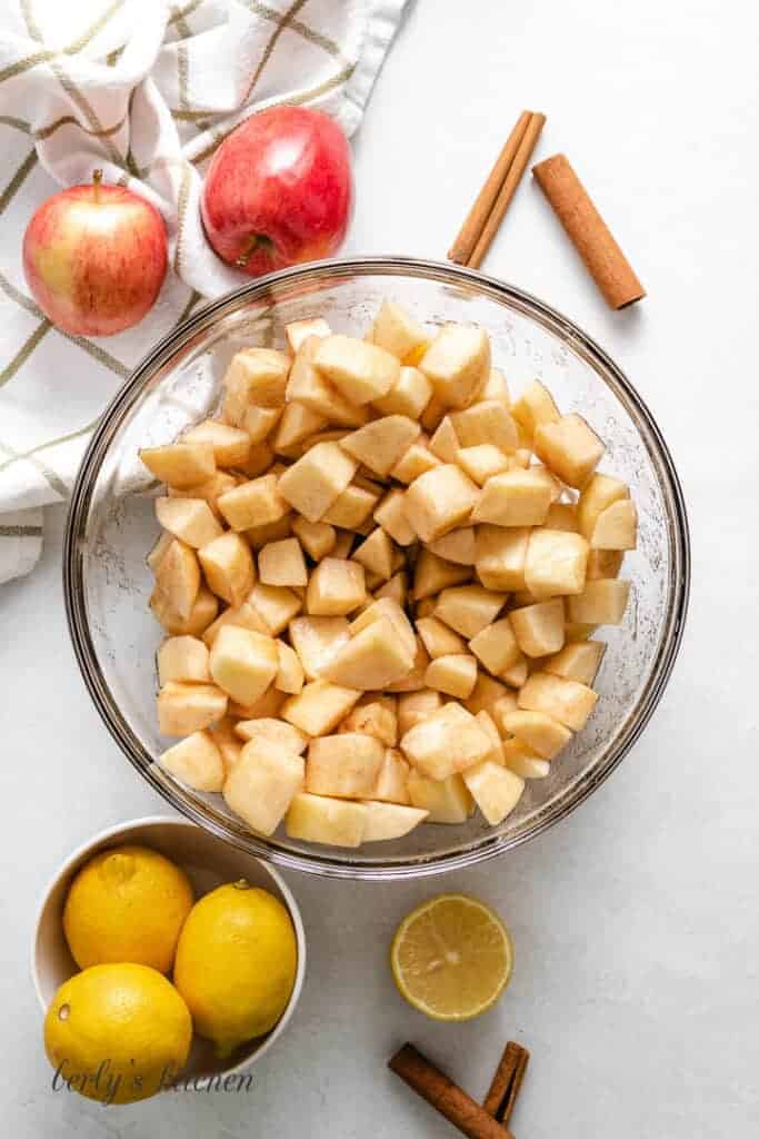 Apples tossed with lemon juice, cinnamon, and sugar.