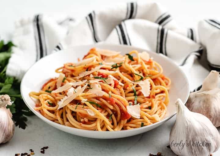 A pasta bowl loaded with fresh spaghetti arrabiata.
