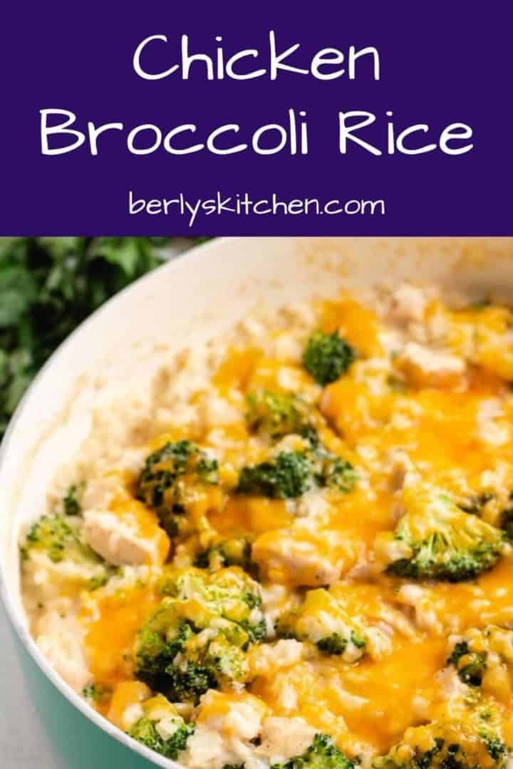 The cheesy chicken rice and broccoli in a pot.