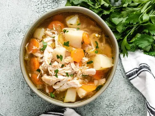 An aerial view of the chicken potato soup.
