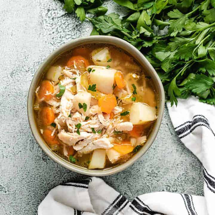 An aerial view of the chicken potato soup.