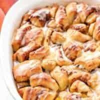 An up-close view of the baked cobbler in a baking dish.