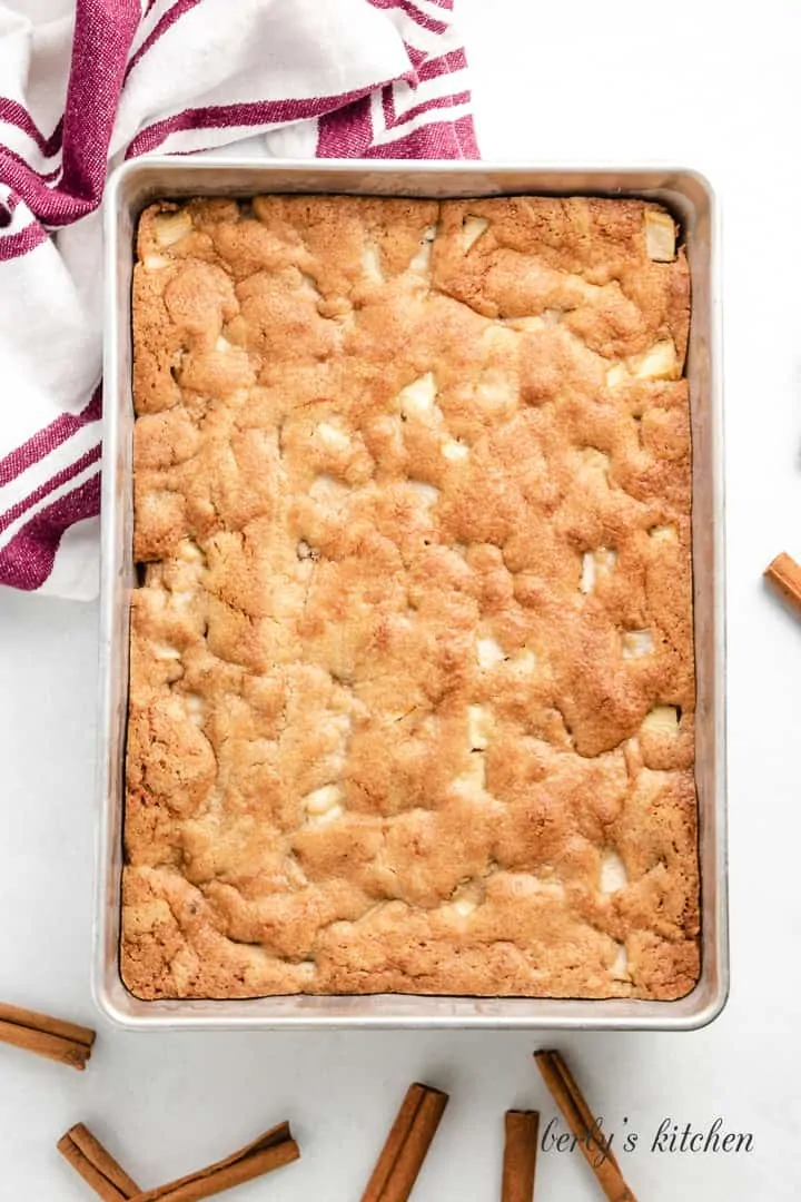 Fresh baked apple cake in a pan.