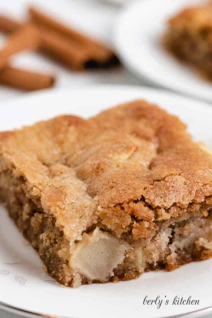 An up-close view of the cake on a plate.