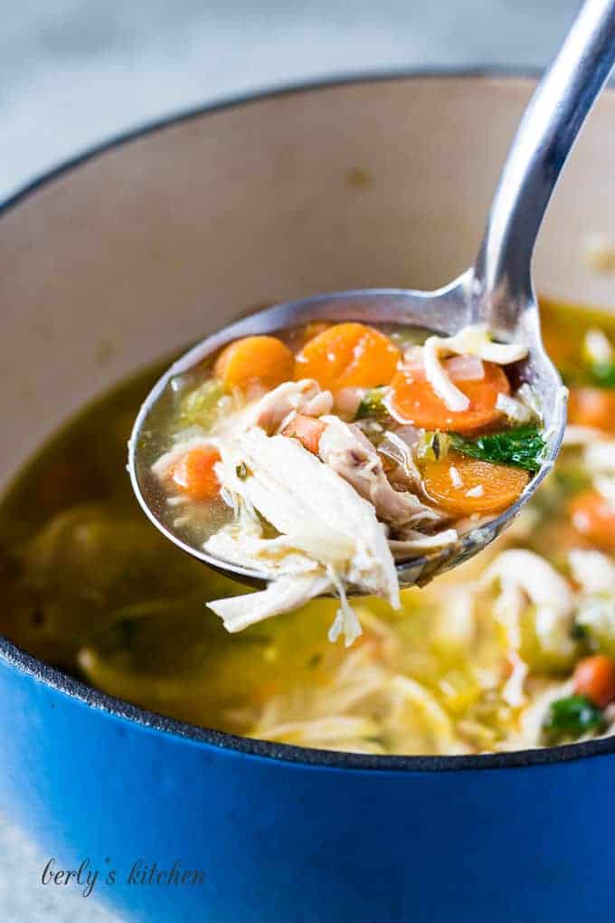 A ladle of soup held up to show the ingredients.