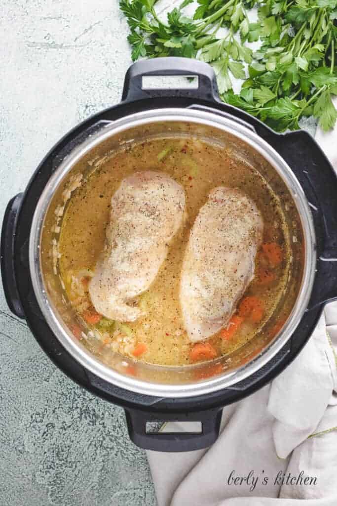 Chicken breast in broth in the Instant Pot.