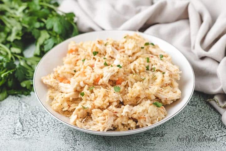 Plate of chicken and rice with carrots and onions.