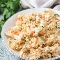 Chicken with rice on a serving plate.