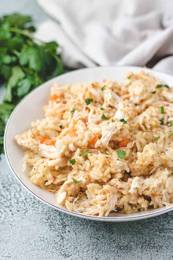 Chicken with rice on a serving plate.