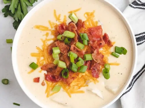 An aerial view of the finished loaded potato soup recipe.