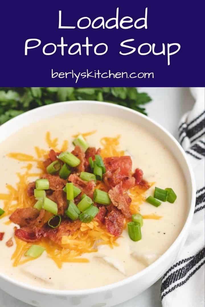 Loaded baked potato soup served with cheddar and bacon.