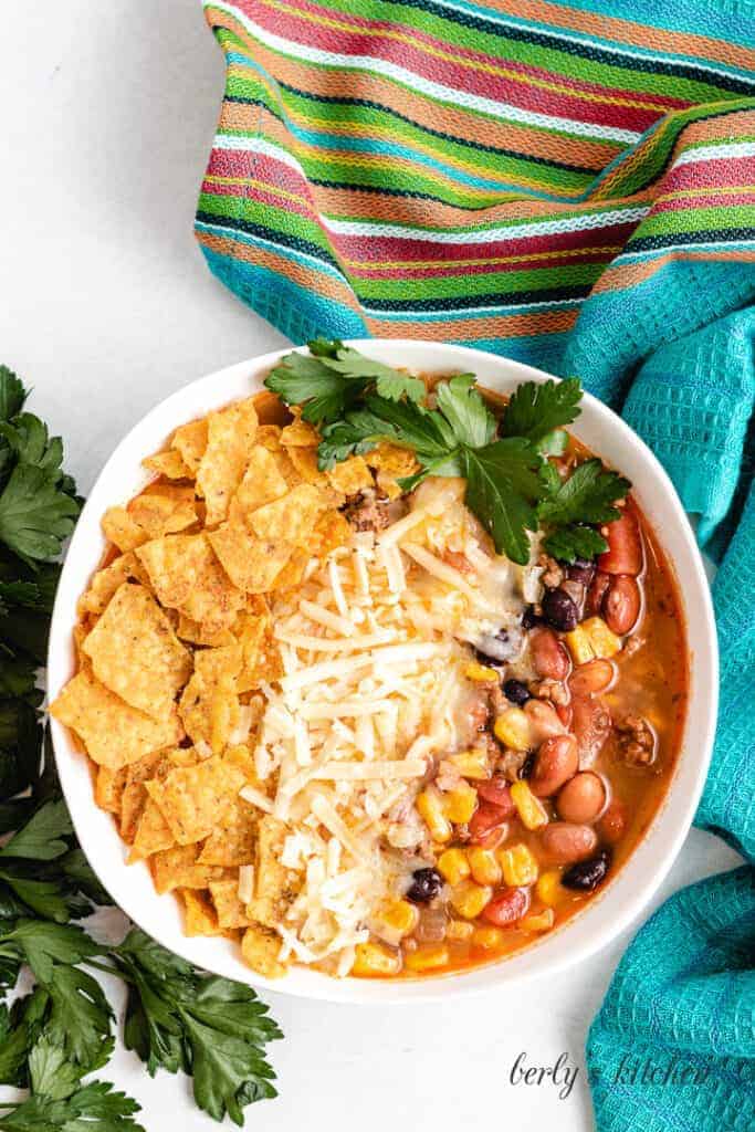 Top down view of the soup in a bowl.