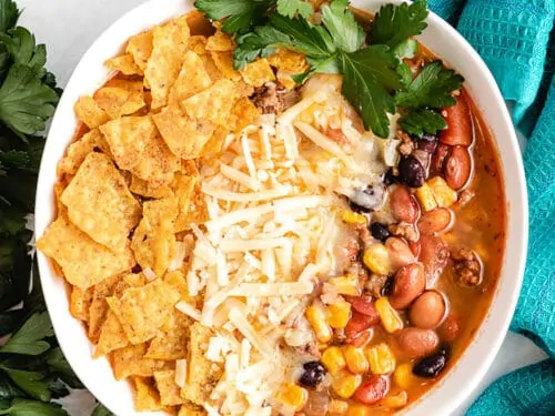An aerial view of the cooked taco soup.