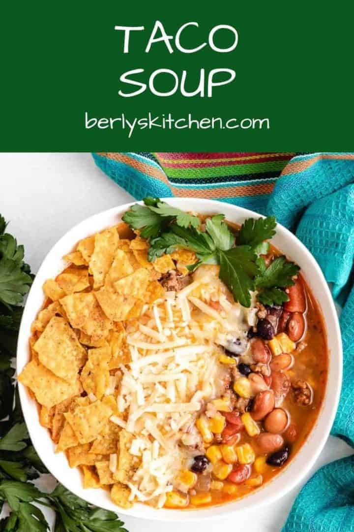 An aerial view of the stove top taco soup.