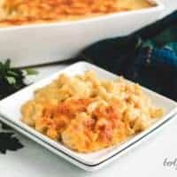 The 3 cheese mac and cheese in a square bowl.