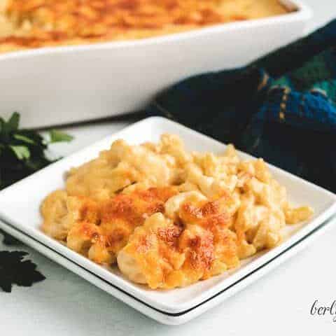 3 Cheese Mac And Cheese The 3 cheese mac and cheese in a square bowl.