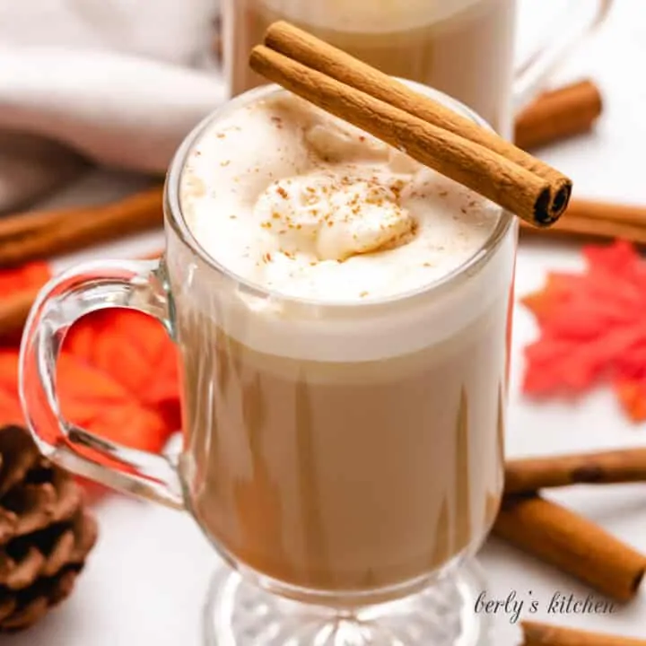 Cinnamon coffee in mug with a cinnamon stick.