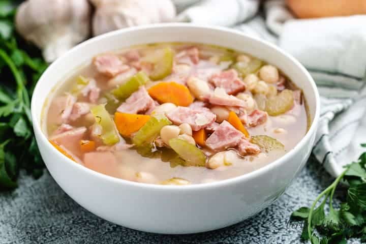 Great northern bean soup served in a bowl.