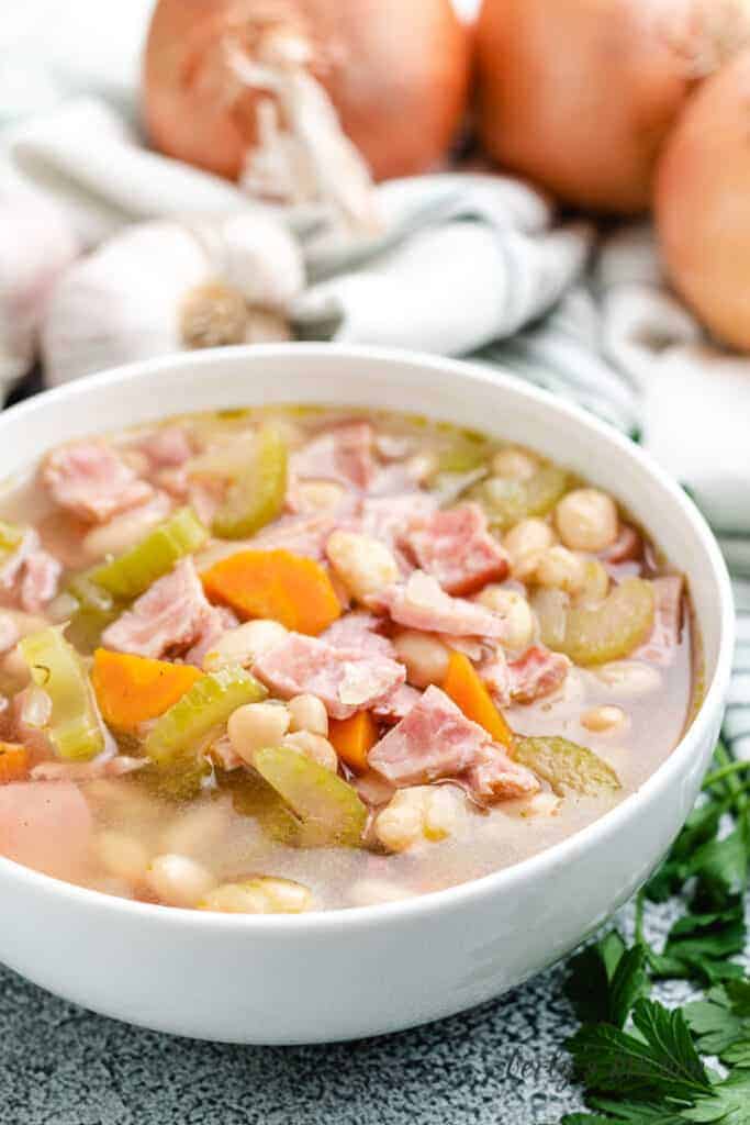 A close-up of the bean soup in a bowl.