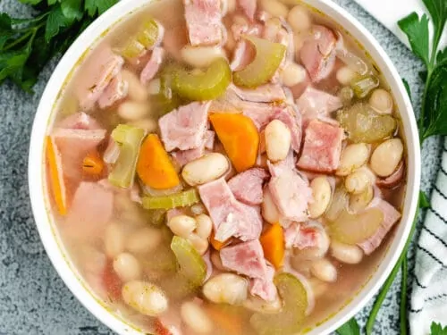 An aerial view of the finished great northern bean soup.