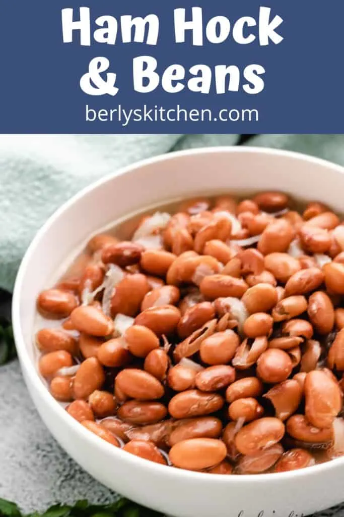 A large white bowl filled with ham hock and pinto beans.