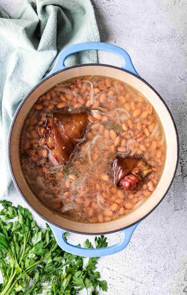 Canned pinto beans added to the broth.