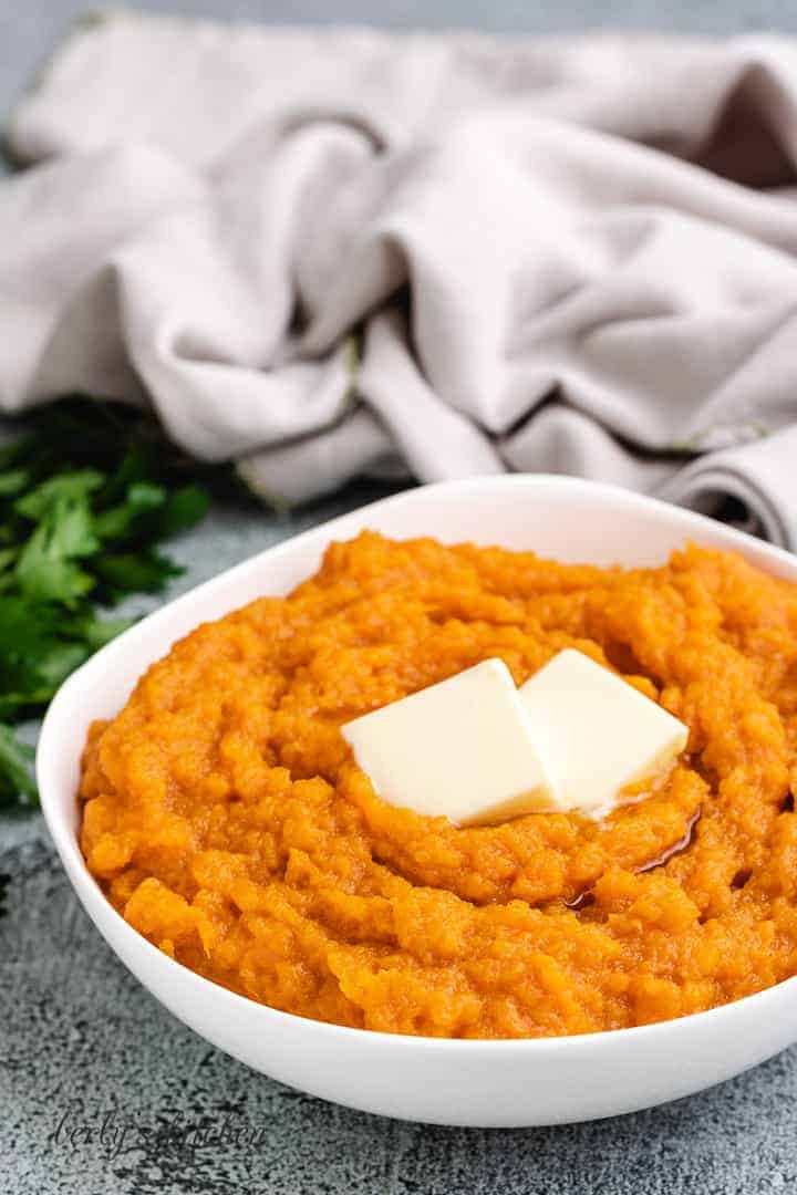 Pressure cooker mashed sweet potatoes with two pats of butter.