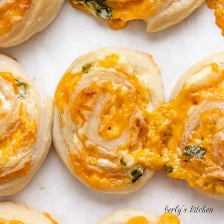 A top-down view of the cheesy jalapeno popper rolls.