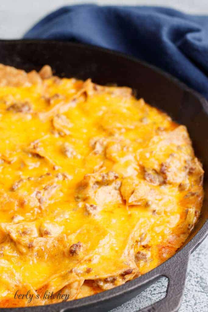 A close-up of the baked casserole in a skillet.
