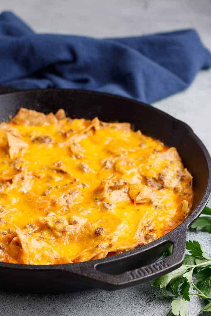 Cheesy Tex-Mex casserole in a pan.
