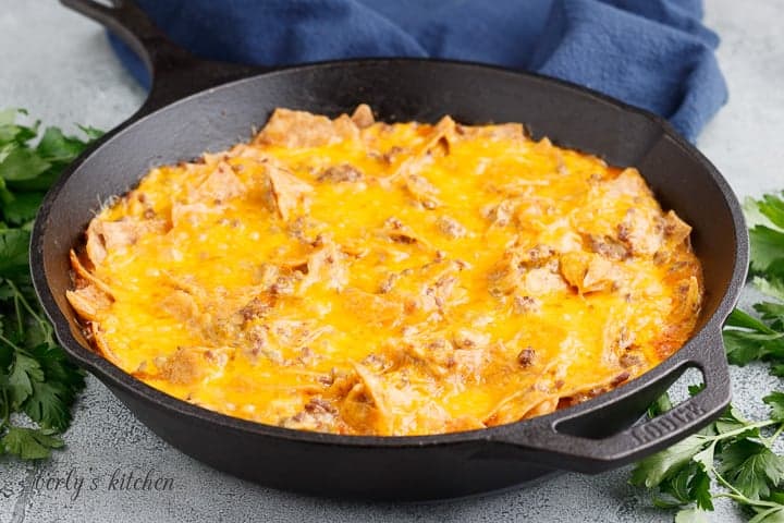 Mexican casserole in a cast iron skillet.