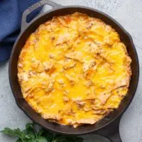 An aerial view of the Mexican casserole in a skillet.