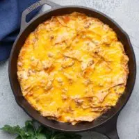 An aerial view of the mexican casserole in a skillet.