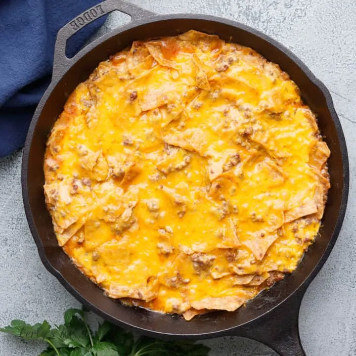 An aerial view of the Mexican casserole in a skillet.