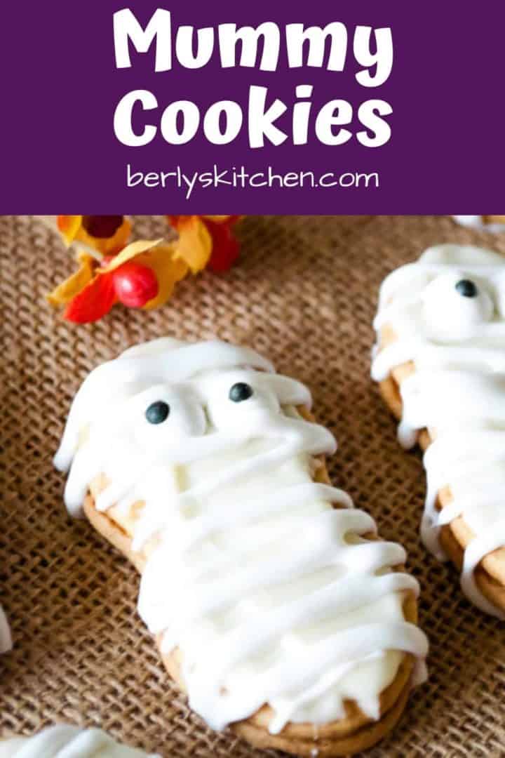 A close-up of the Nutter Butter mummy cookies.