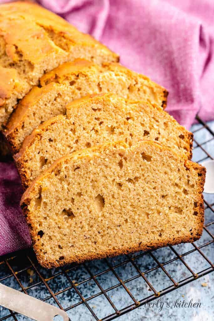 An up-close view of the sliced peanut butter bread.