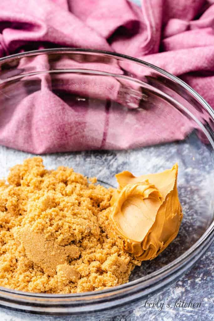 Brown sugar and peanut butter in a large bowl.