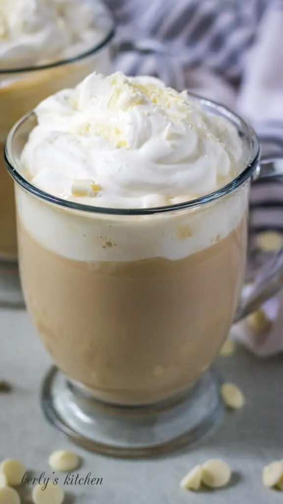 Coffee drink in a glass mug.