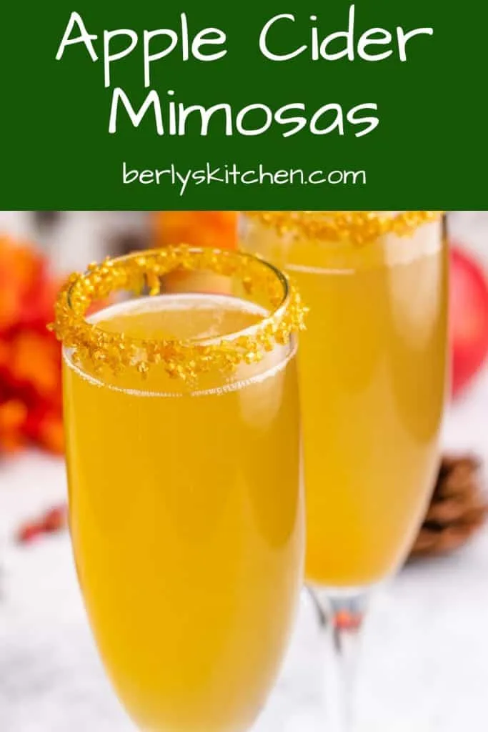 A close-up of the apple cider mimosas in glasses.