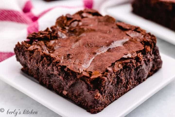 An up-close view of a homemade brownie.