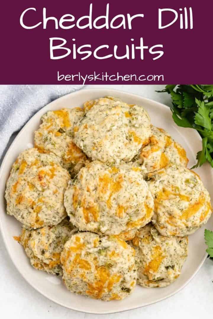 An aerial view of the cheddar dill biscuits on a plate.