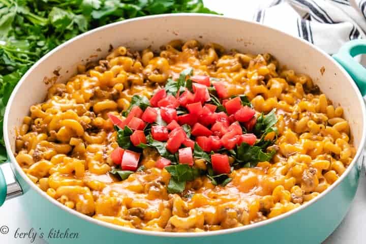 The cheesy cheeseburger casserole in saucepan.