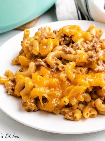 A serving of the cheeseburger casserole on a plate.