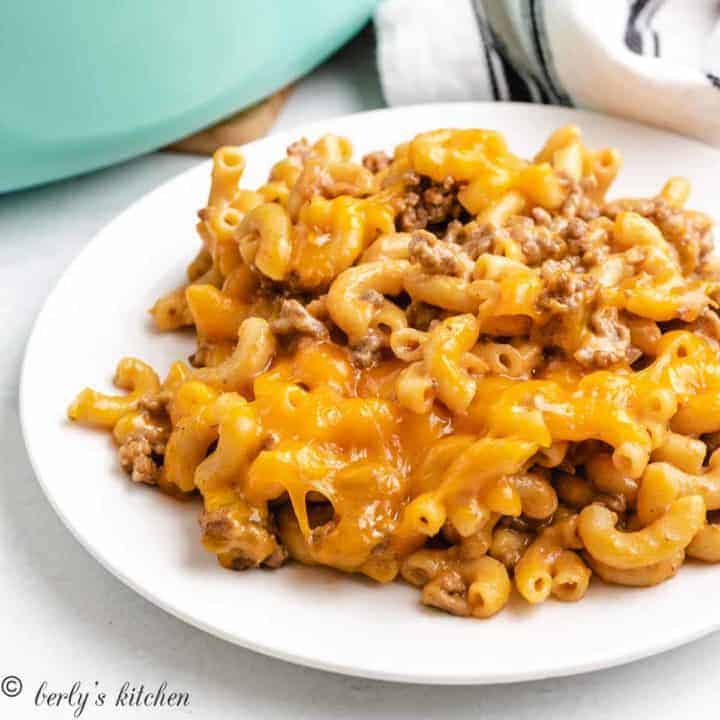 A serving of the cheeseburger casserole on a plate.