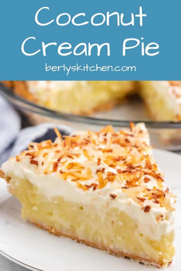 A side photo of coconut cream pie showing all the layers.
